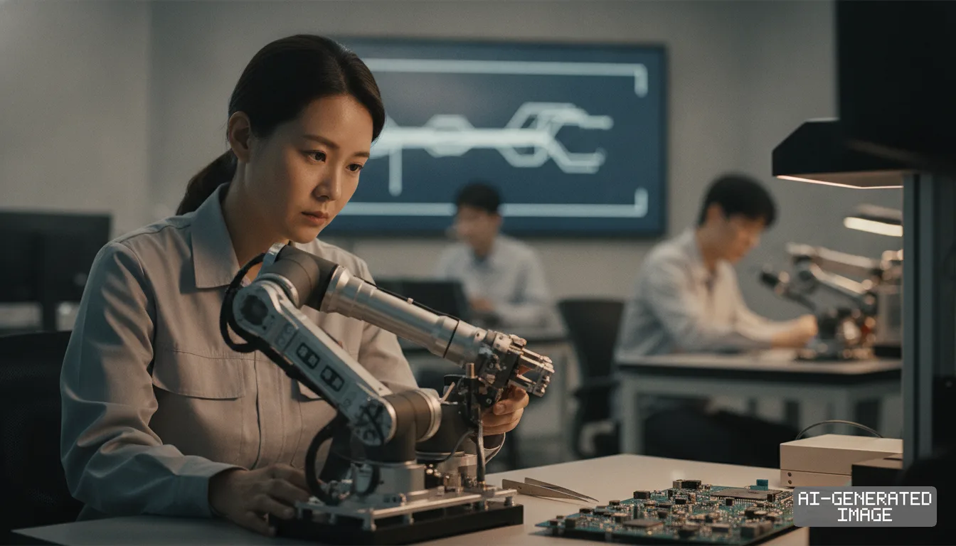 An engineer inspects a precision robotic arm and a circuit board in a South Korean technology laboratory. (AI-generated image)