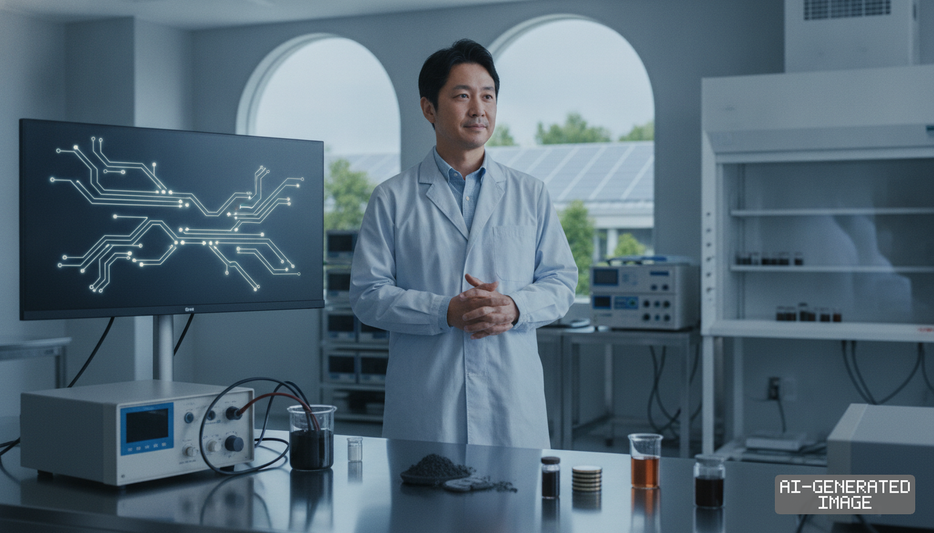 A researcher stands in a laboratory beside battery materials, electronic equipment, and a monitor displaying a circuit diagram. (AI-generated image)