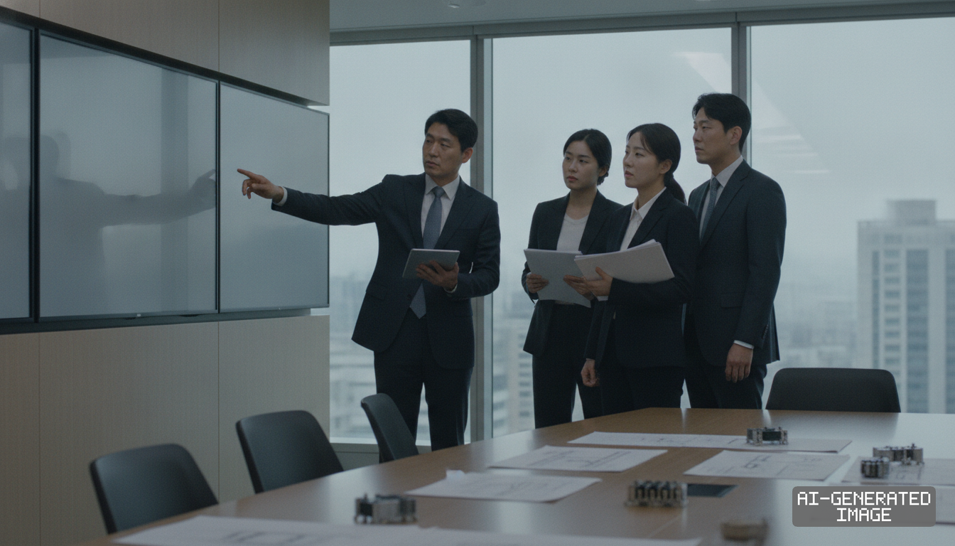 Business professionals review technical documents and hardware components during a presentation in a modern office. (AI-generated image)