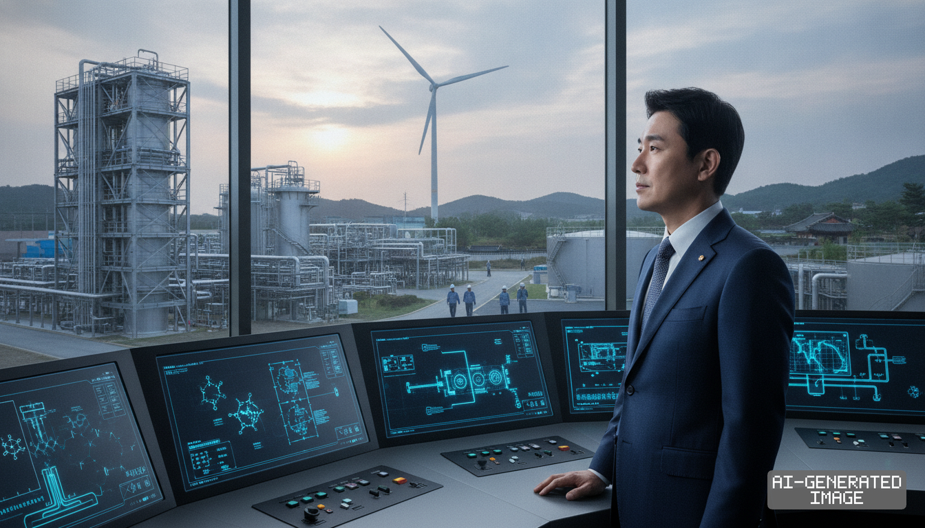 A professional stands in a modern control room overlooking an industrial clean energy facility and a wind turbine. (AI-generated image)