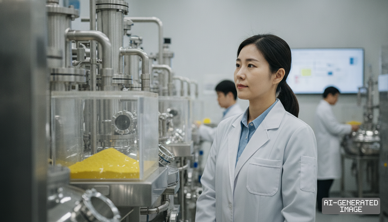 A scientist in a lab coat stands beside chemical processing equipment containing yellow precursor powder inside a battery materials facility. (AI-generated image)