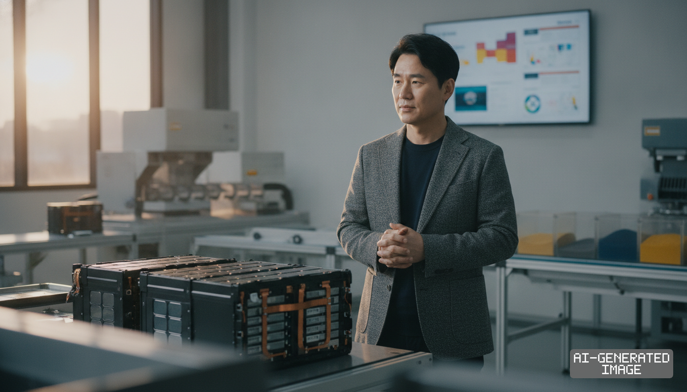 A man stands beside electric vehicle battery packs inside a research and testing laboratory. (AI-generated image)