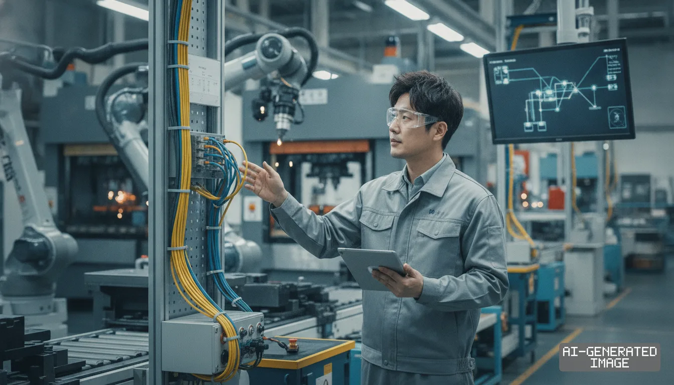 A technician holding a tablet inspects control wiring in an automated factory equipped with robotic arms and monitoring screens. (AI-generated image)