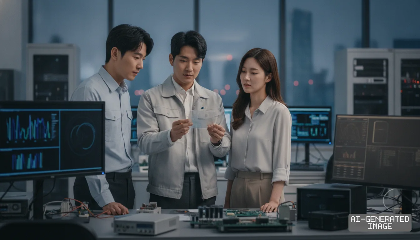 Engineers inspect a semiconductor component in a testing laboratory surrounded by electronic circuit boards and diagnostic displays. (AI-generated image)