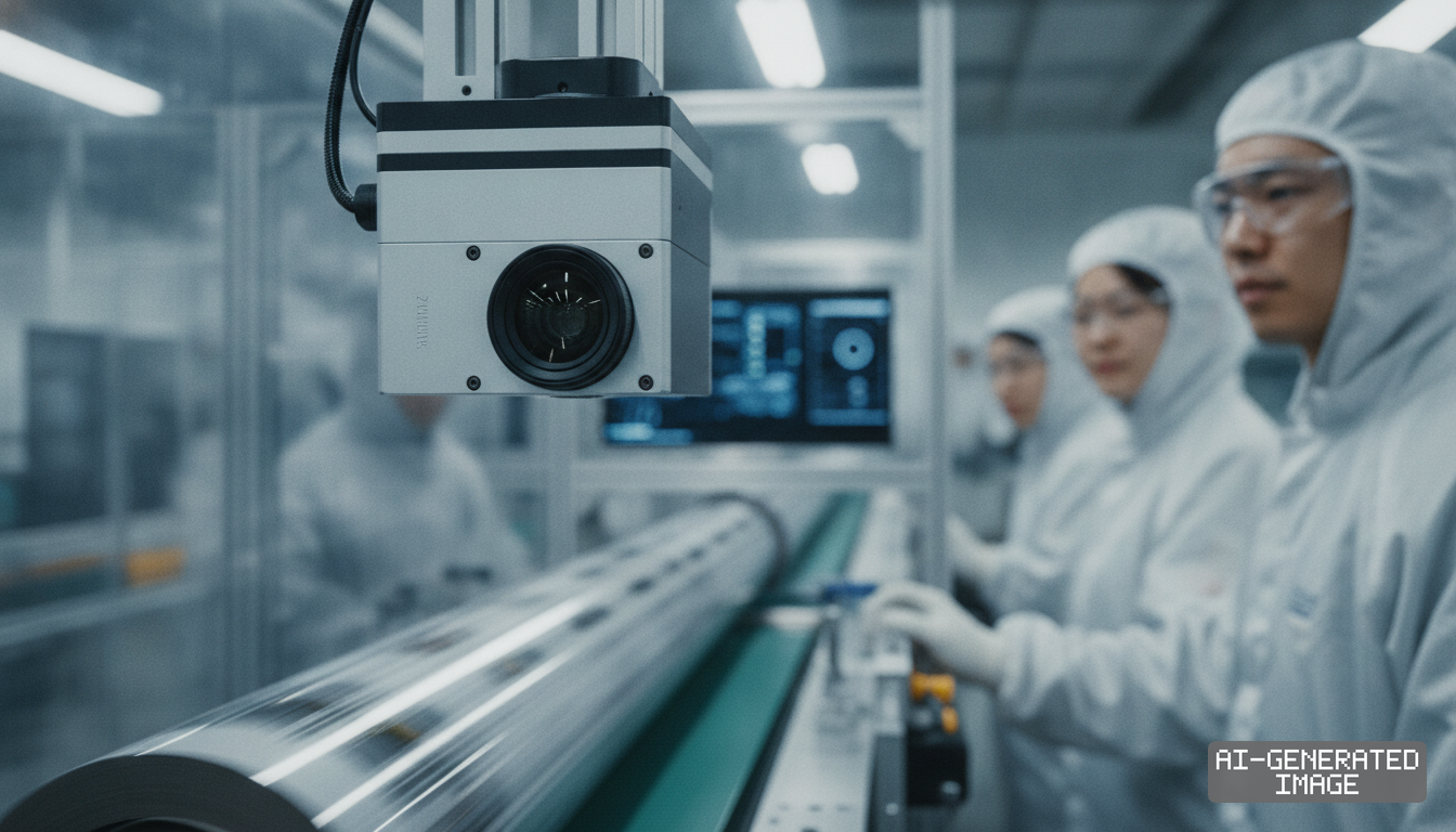 A machine vision camera inspects a fast-moving roll-to-roll line as workers in cleanroom suits monitor the automated manufacturing process. (AI-generated image)