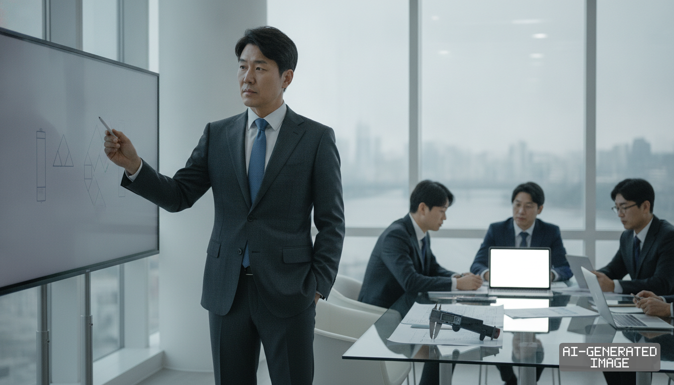 Corporate executives examine technical diagrams and documentation during a business meeting in a conference room. (AI-generated image)