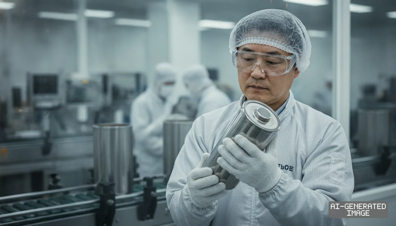 A technician in cleanroom attire inspects a large cylindrical battery cell along a production line. (AI-generated image)