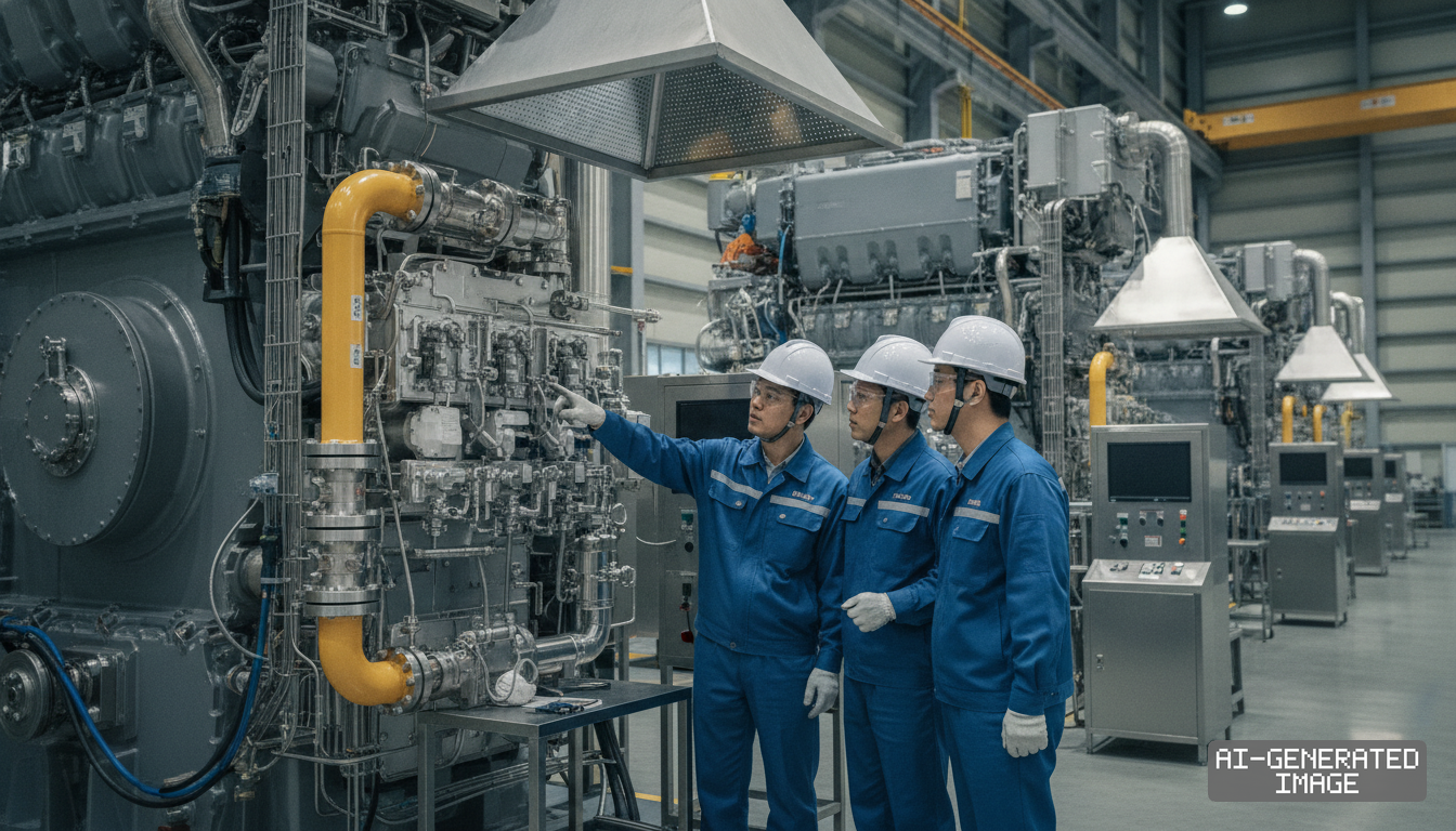 Technicians in hard hats inspect a large dual-fuel marine engine inside an assembly and testing facility. (AI-generated image)