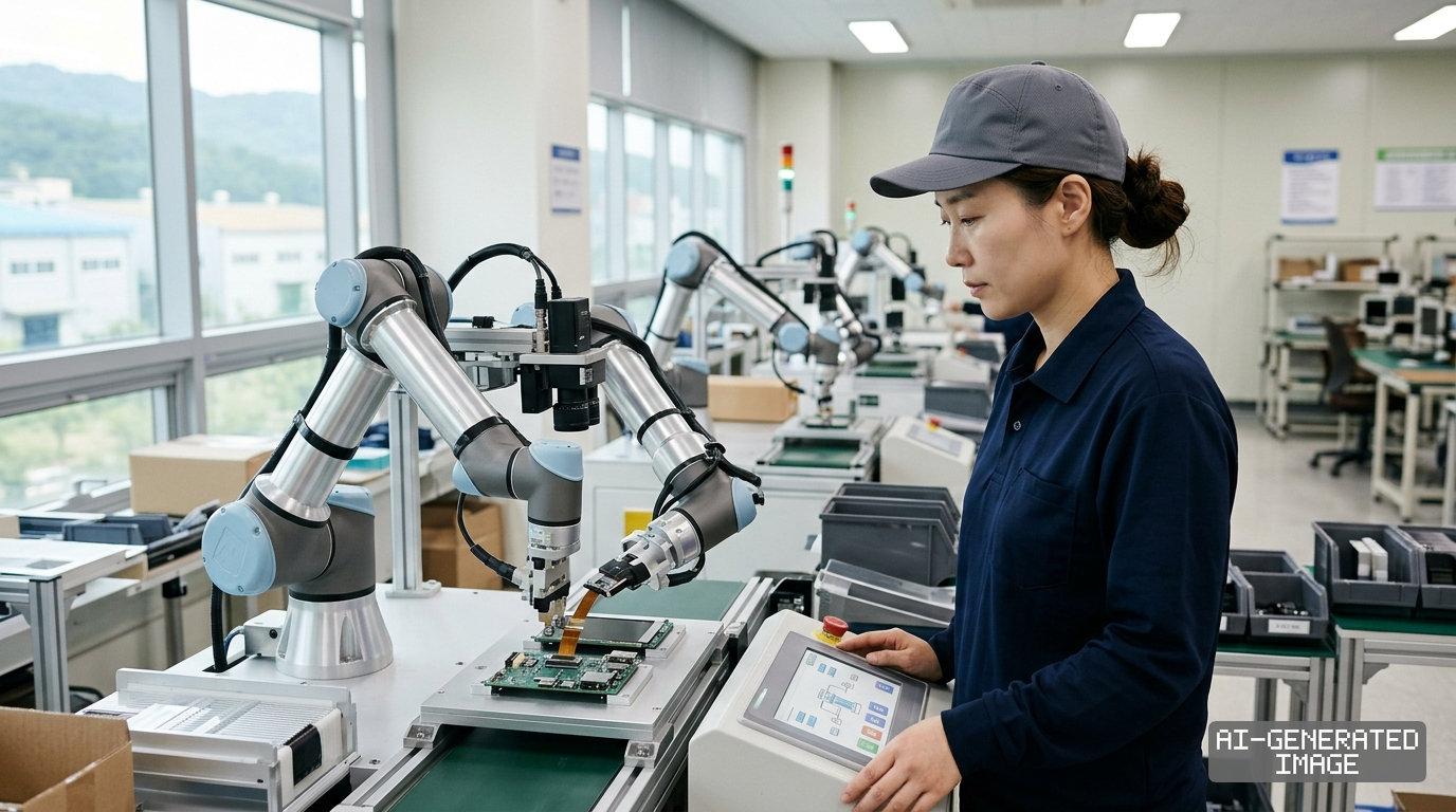 A worker monitors a dual-arm robotic manipulator assembling electronic components on a factory production line. (AI-generated image)
