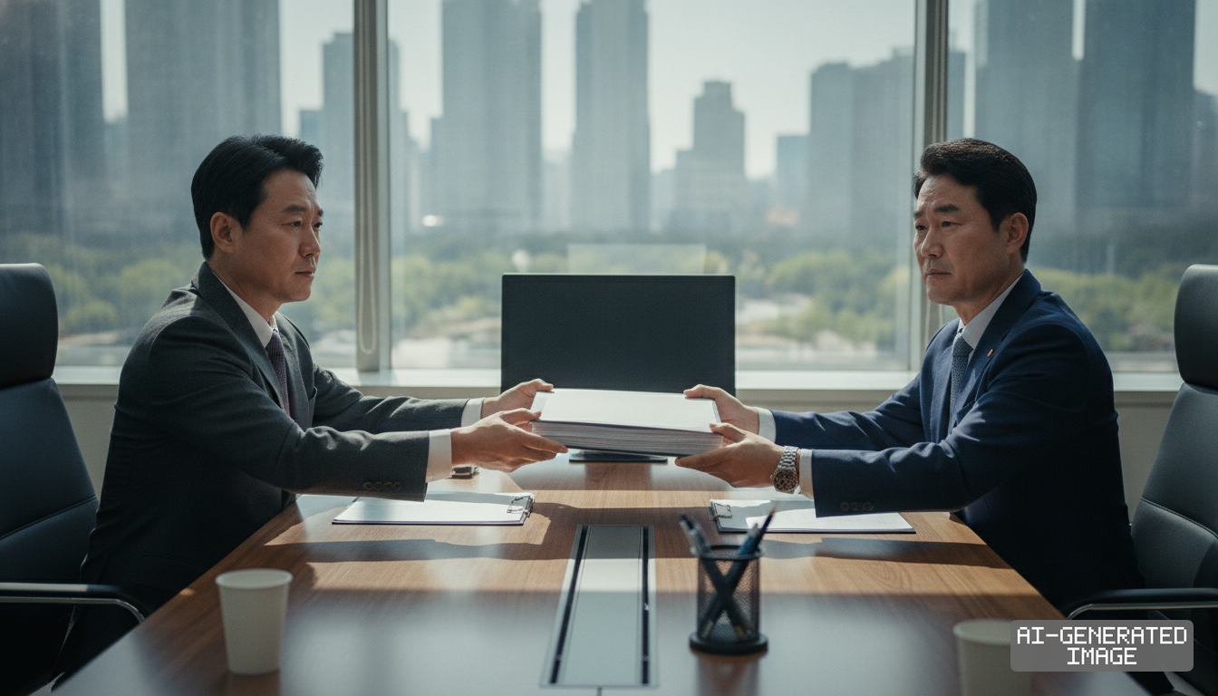 Two men in business suits exchange a thick stack of documents across a conference table in a high-rise office overlooking the city. (AI-generated image)