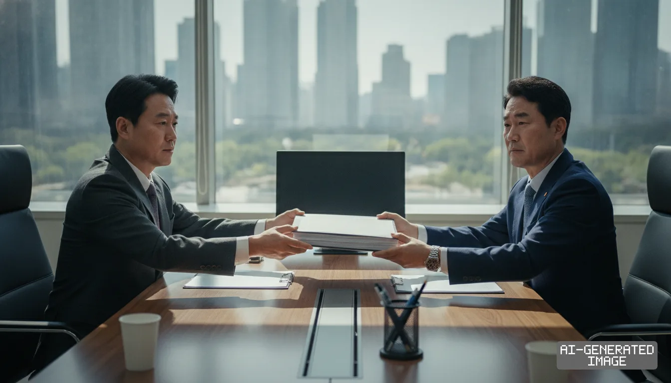 Two men in business suits exchange a thick stack of documents across a conference table in a high-rise office overlooking the city. (AI-generated image)