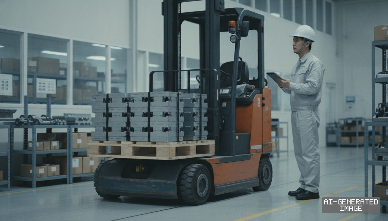 A technician holding a tablet monitors a forklift carrying a pallet of metal components inside an industrial facility. (AI-generated image)