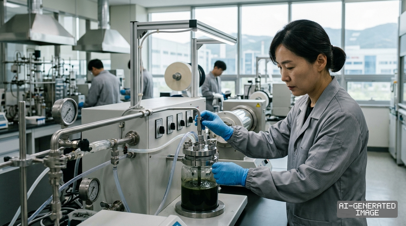 A researcher in a laboratory adjusts chemical processing equipment used to develop advanced battery materials. (AI-generated image)
