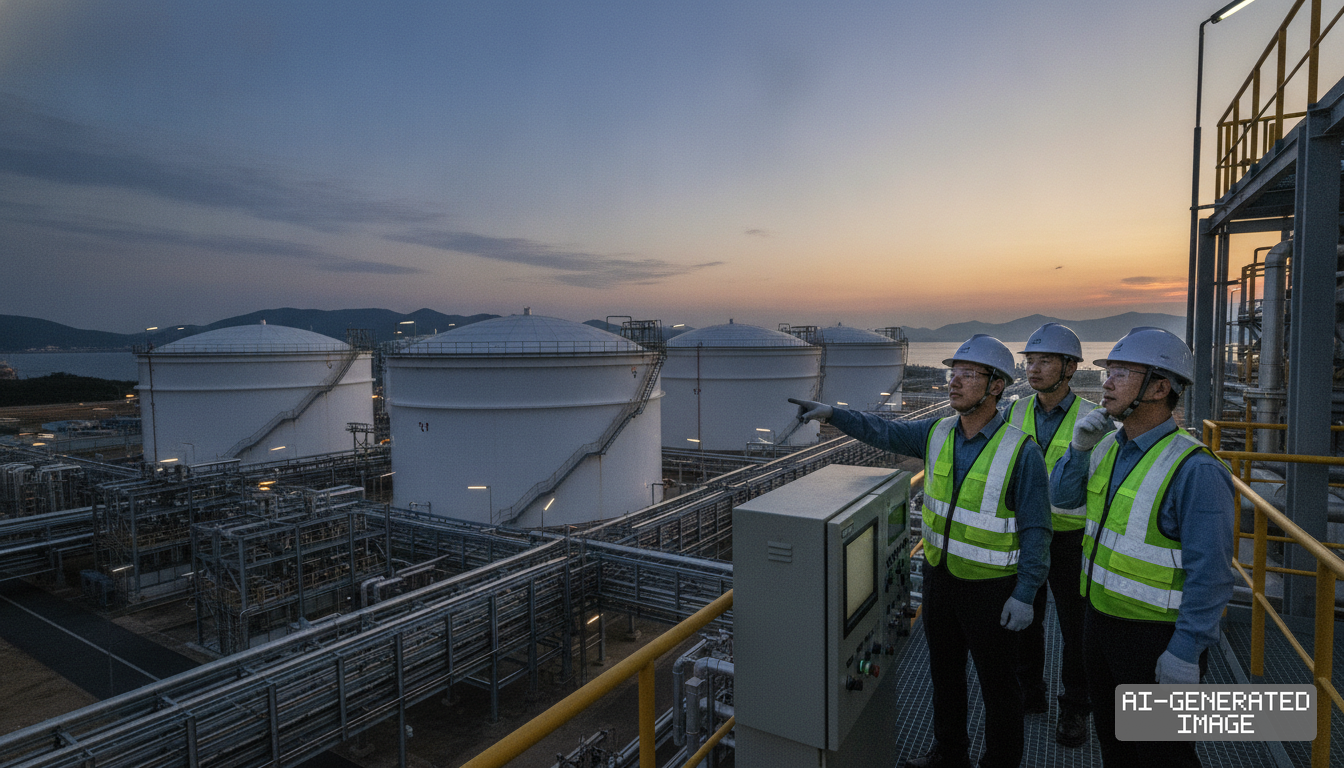 Workers in hard hats and safety vests oversee operations near large storage tanks at a South Korean liquefied natural gas terminal. (AI-generated image)