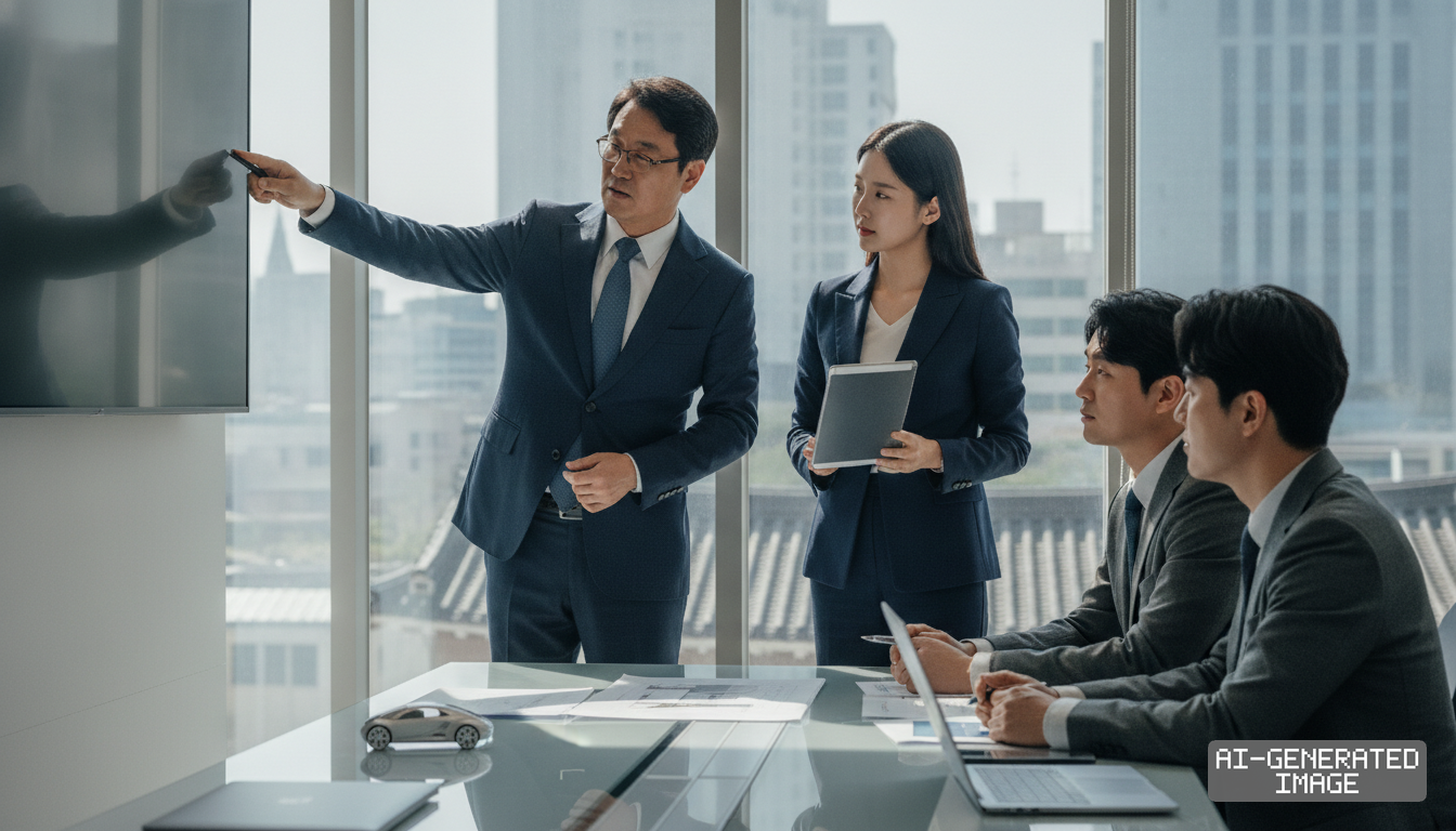 Automotive industry professionals review plans during a conference room presentation with a model car on the table. (AI-generated image)