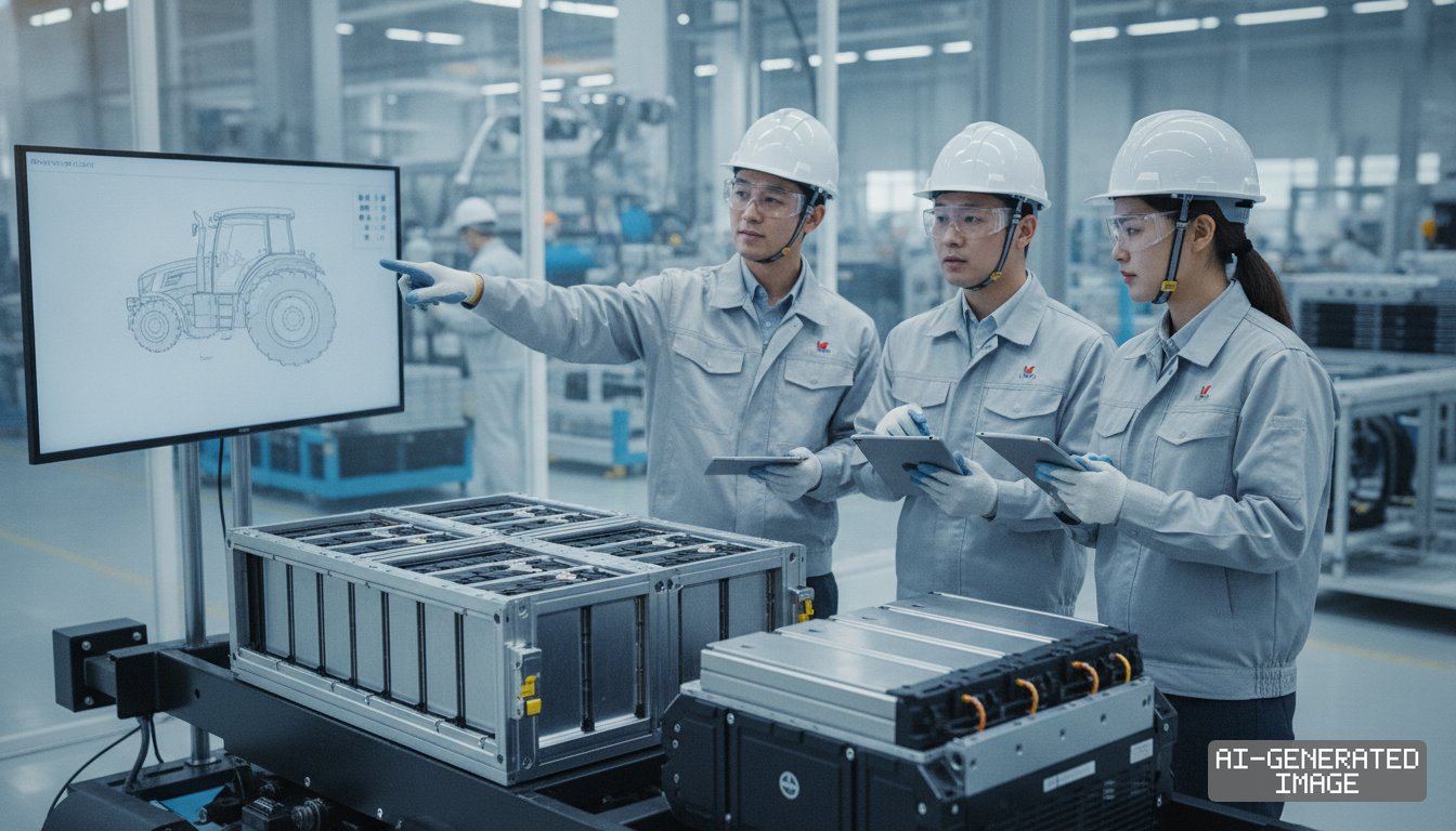 Engineers inspect modular battery packs in a factory while reviewing an agricultural tractor schematic on a screen. (AI-generated image)