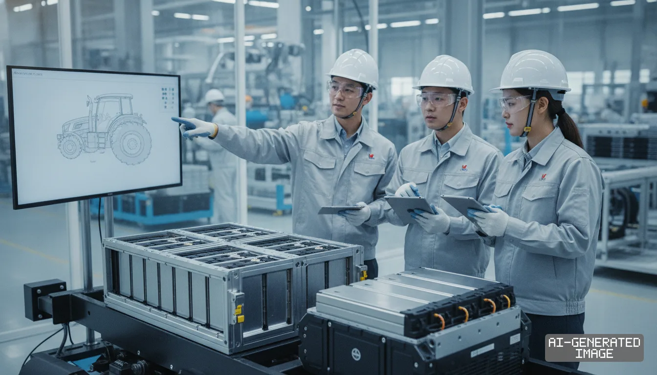 Engineers inspect modular battery packs in a factory while reviewing an agricultural tractor schematic on a screen. (AI-generated image)