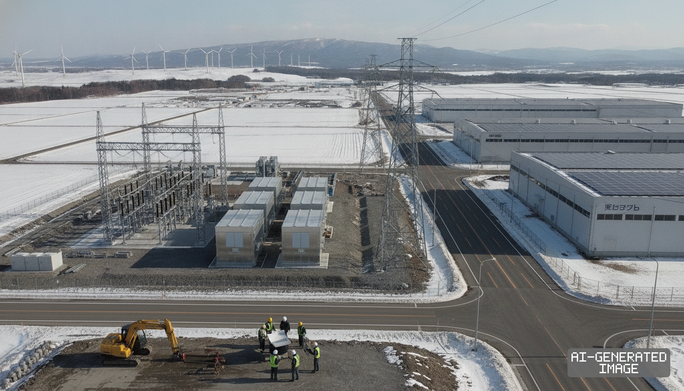 Workers review plans near an electrical substation, battery storage units, and industrial facilities across a snowy landscape in Hokkaido. (AI-generated image)