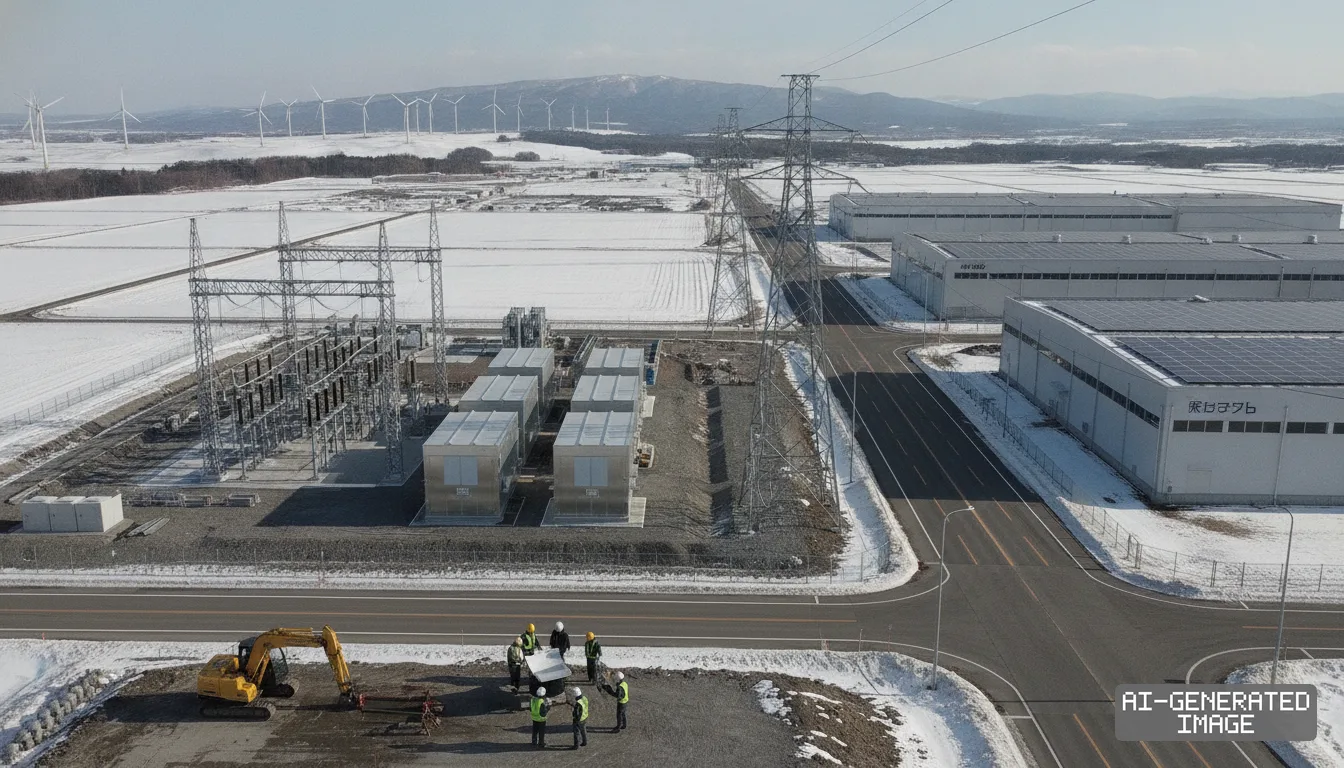 Workers review plans near an electrical substation, battery storage units, and industrial facilities across a snowy landscape in Hokkaido. (AI-generated image)
