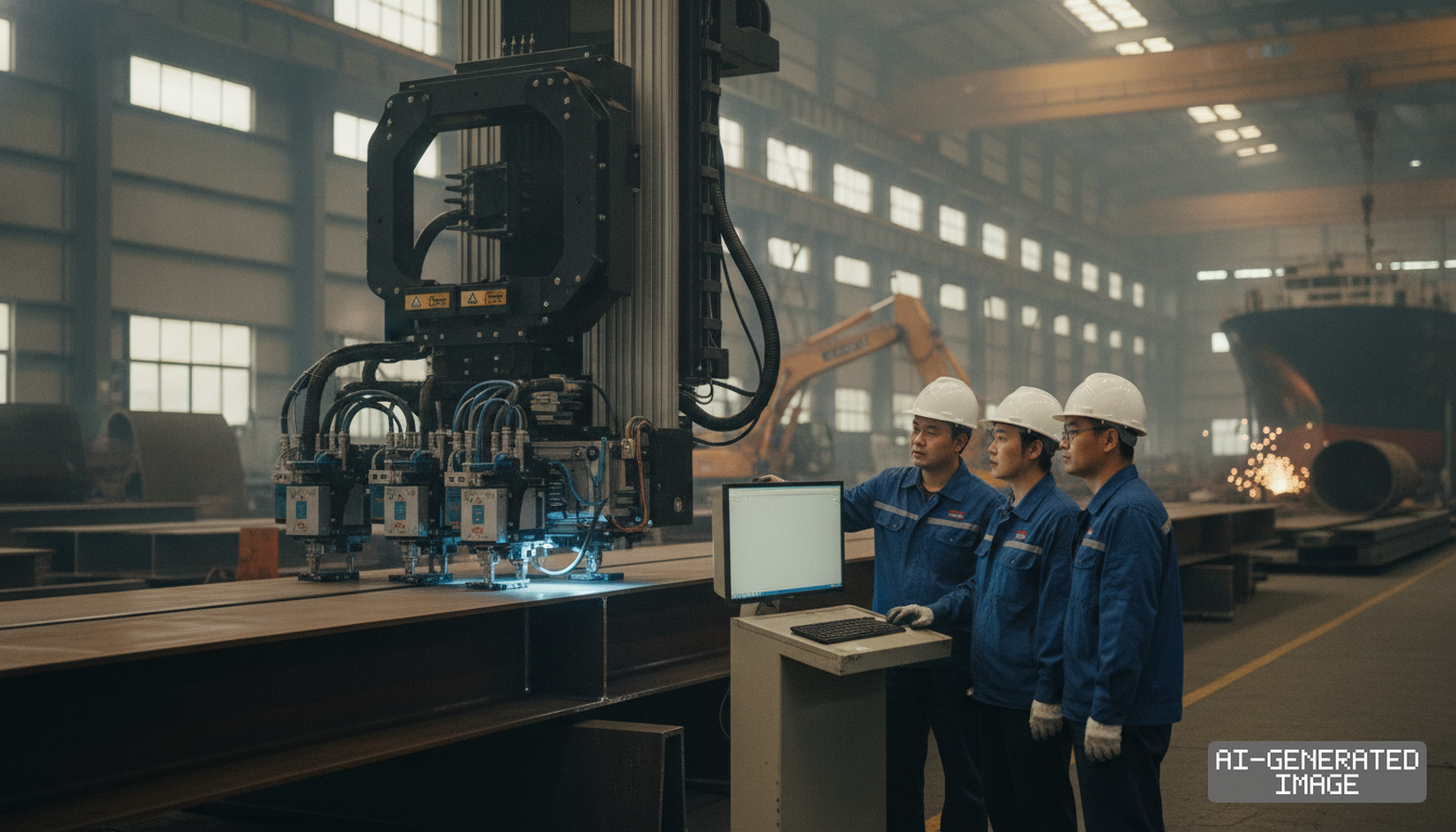 Technicians monitor an automated inspection gantry scanning a large structural steel beam inside a heavy manufacturing facility. (AI-generated image)