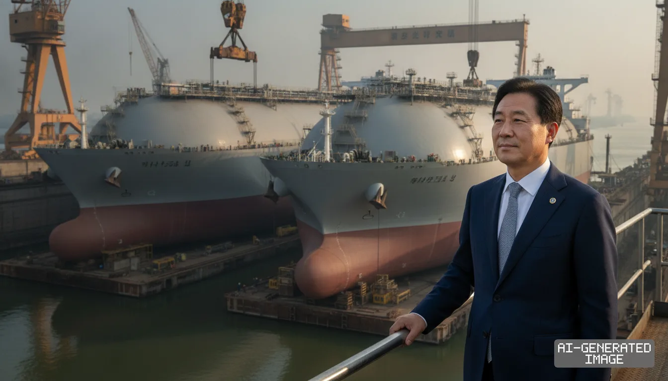 A man in a suit overlooks two large vessels under construction inside a drydock at an industrial shipyard. (AI-generated image)