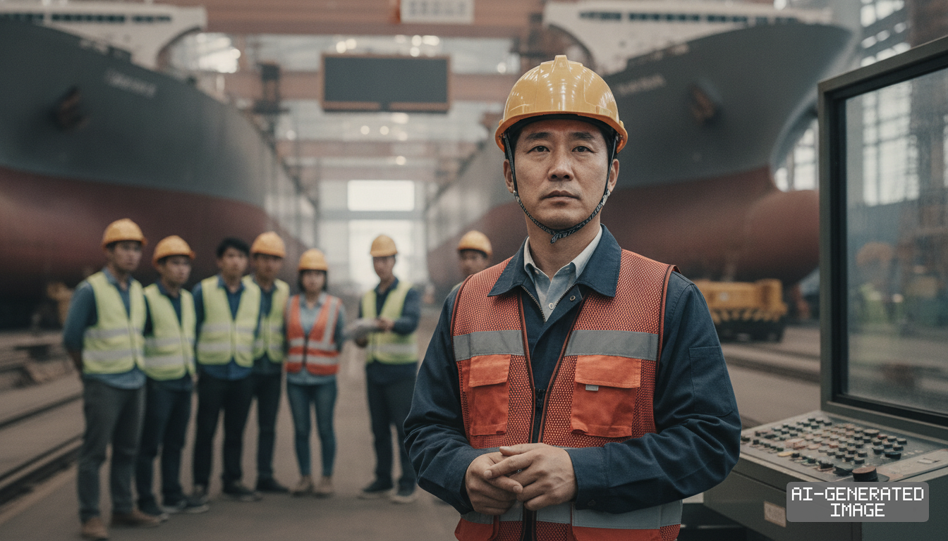 Shipyard workers wearing hard hats and safety vests gather beside large vessel hulls under construction inside a drydock. (AI-generated image)