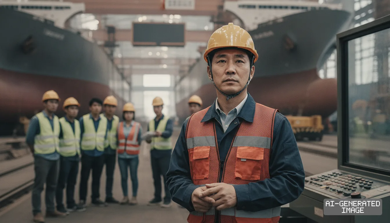 Shipyard workers wearing hard hats and safety vests gather beside large vessel hulls under construction inside a drydock. (AI-generated image)