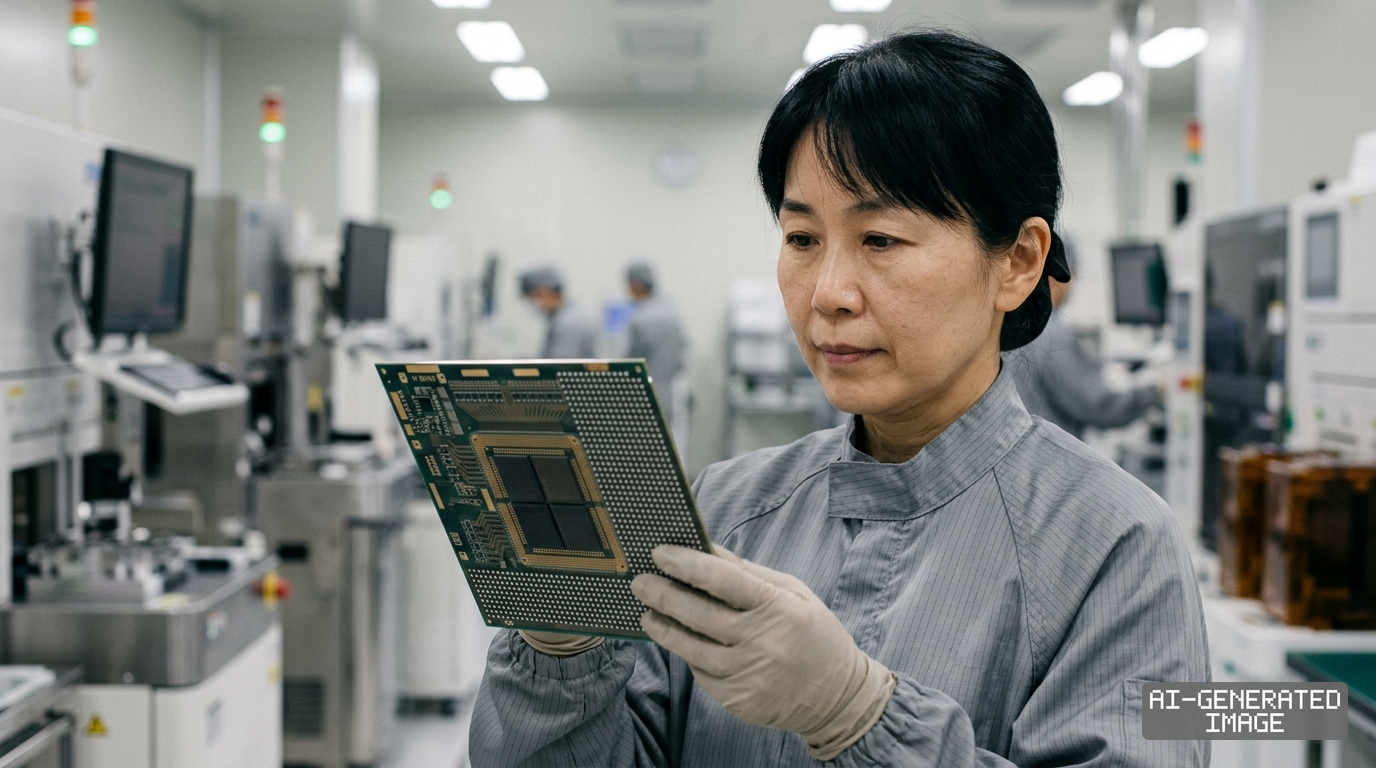 A technician inspects a large semiconductor packaging substrate inside a cleanroom manufacturing facility. (AI-generated image)