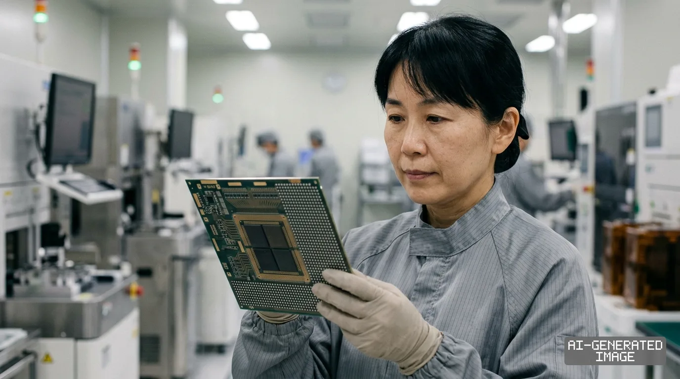 A technician inspects a large semiconductor packaging substrate inside a cleanroom manufacturing facility. (AI-generated image)