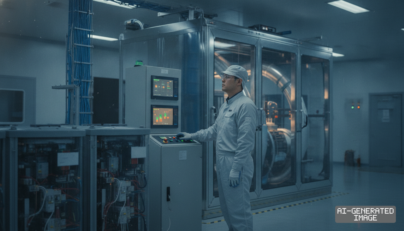 A worker in protective gear monitors equipment at a control panel inside an advanced manufacturing facility. (AI-generated image)