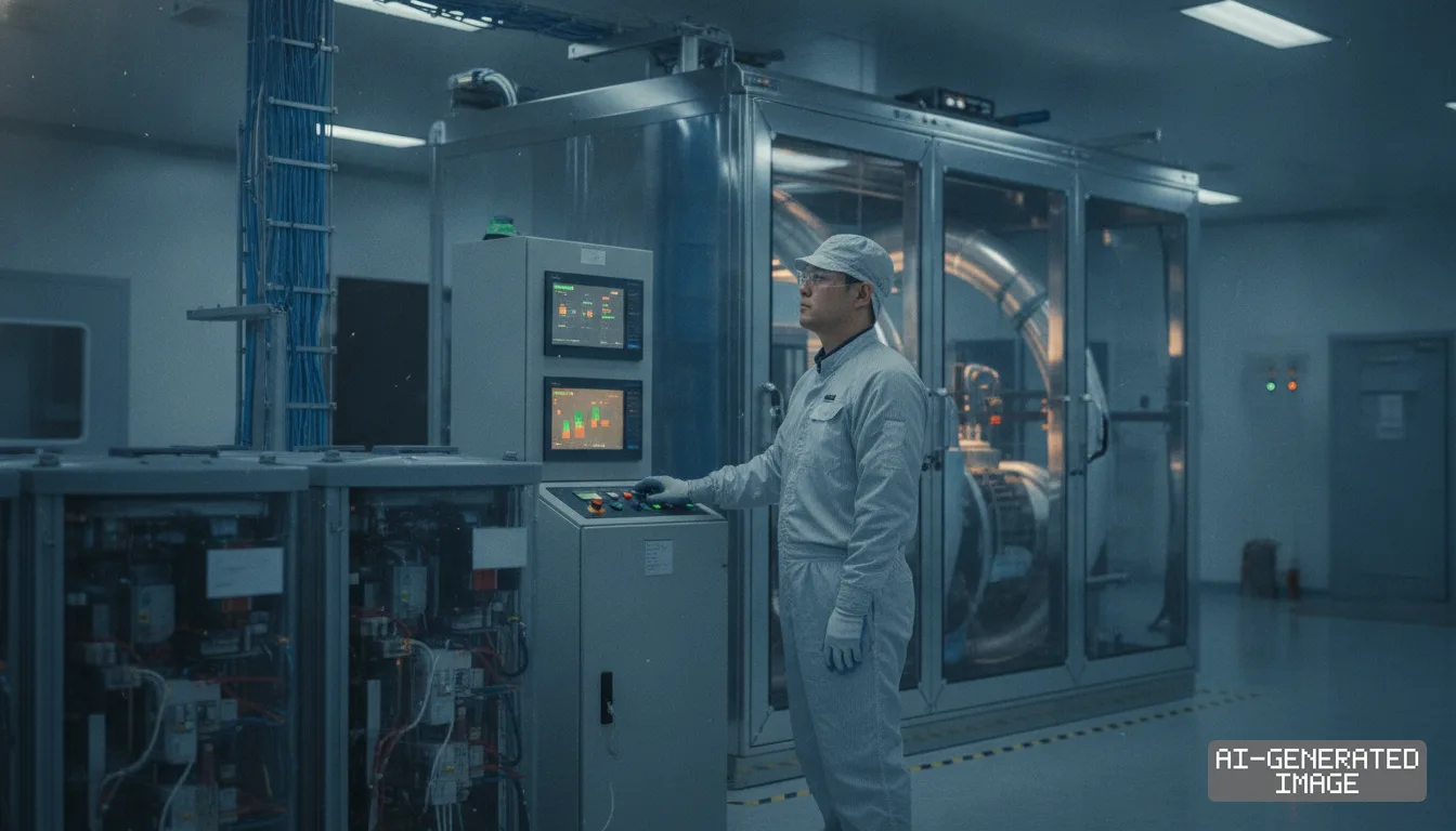 A worker in protective gear monitors equipment at a control panel inside an advanced manufacturing facility. (AI-generated image)