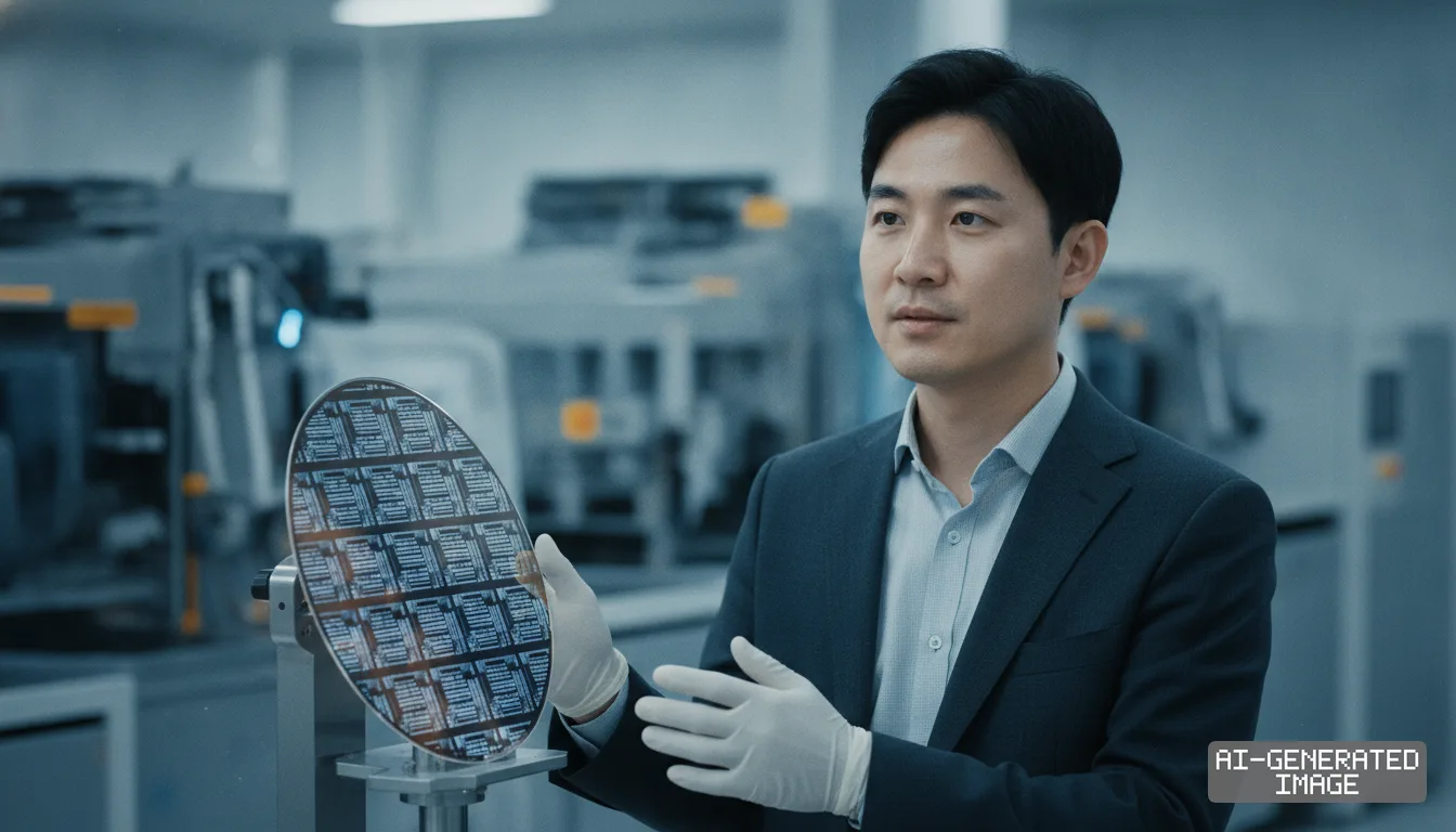 An engineer wearing protective gloves presents a patterned silicon wafer beside automated fabrication equipment. (AI-generated image)