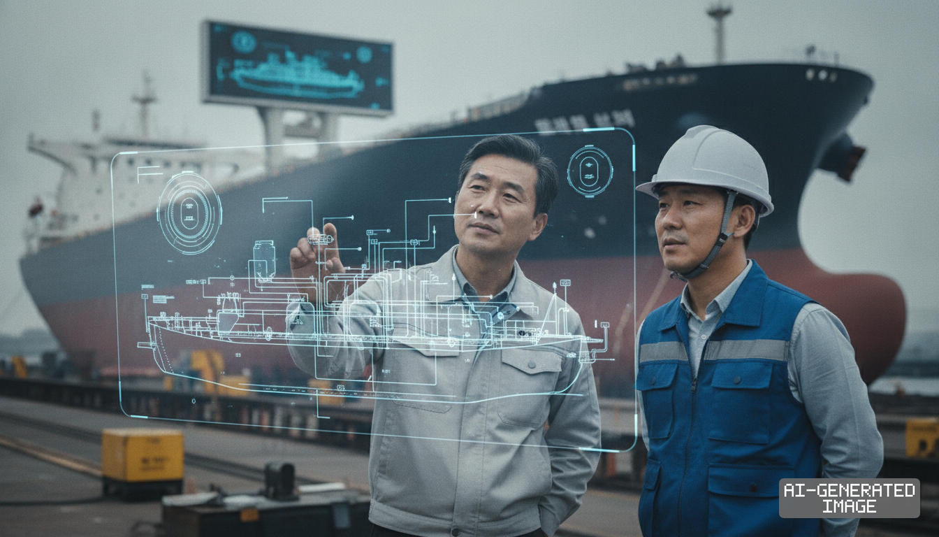 Shipyard engineers examine a digital vessel schematic in front of a large cargo ship at a shipyard. (AI-generated image)