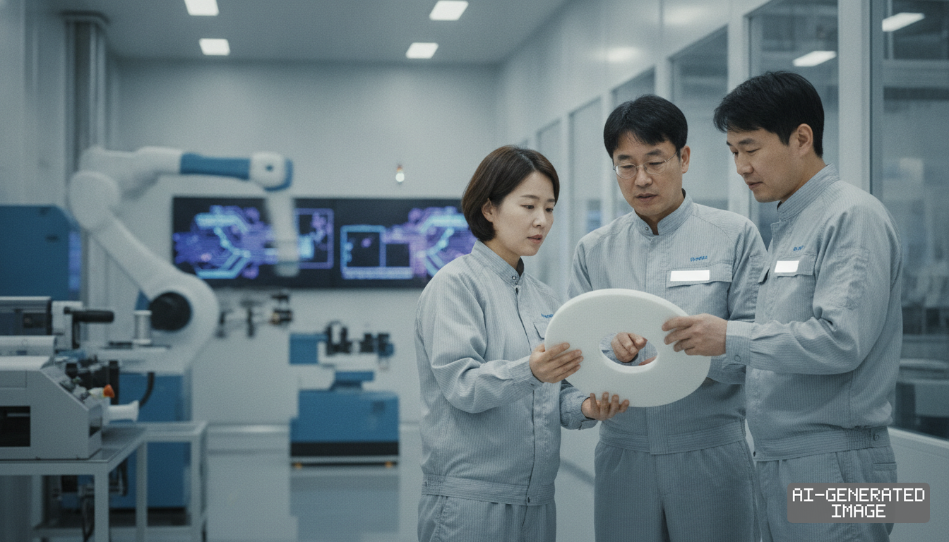 Engineers inspect a chemical mechanical planarization polishing component inside an advanced cleanroom facility. (AI-generated image)