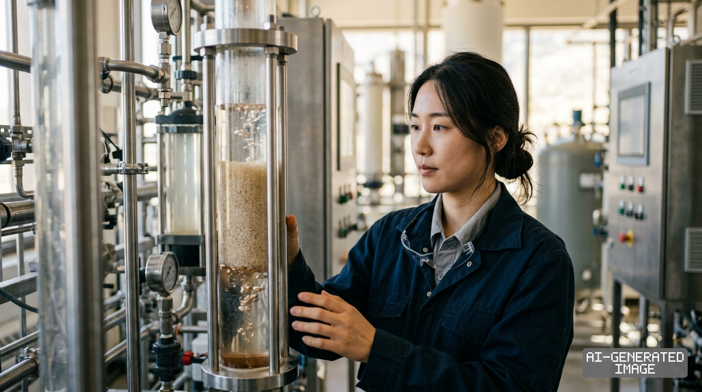A technician inspects a transparent adsorption column inside a direct lithium extraction facility. (AI-generated image)