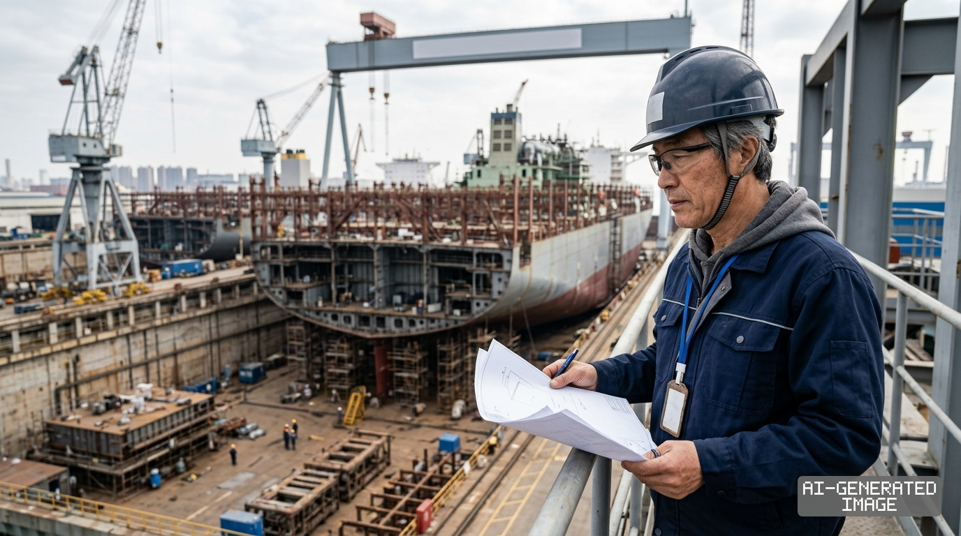 A shipyard engineer holds blueprints while overlooking a large container vessel under construction in a dry dock. (AI-generated image)
