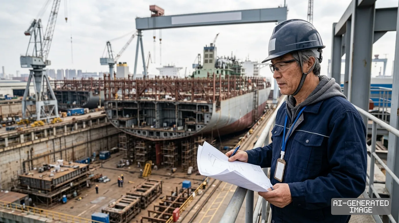 A shipyard engineer holds blueprints while overlooking a large container vessel under construction in a dry dock. (AI-generated image)