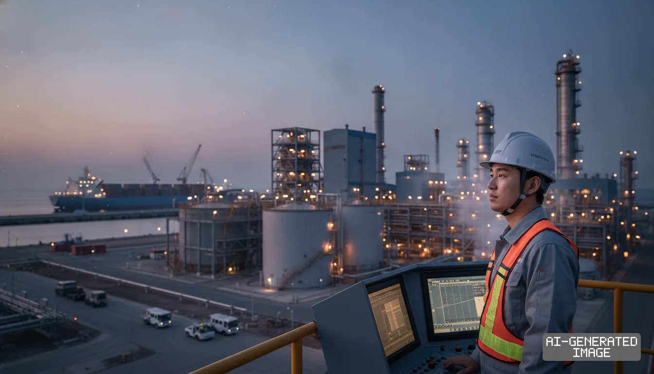 An engineer stands at a control console overlooking a coastal refining facility supporting battery material supply chains. (AI-generated image)