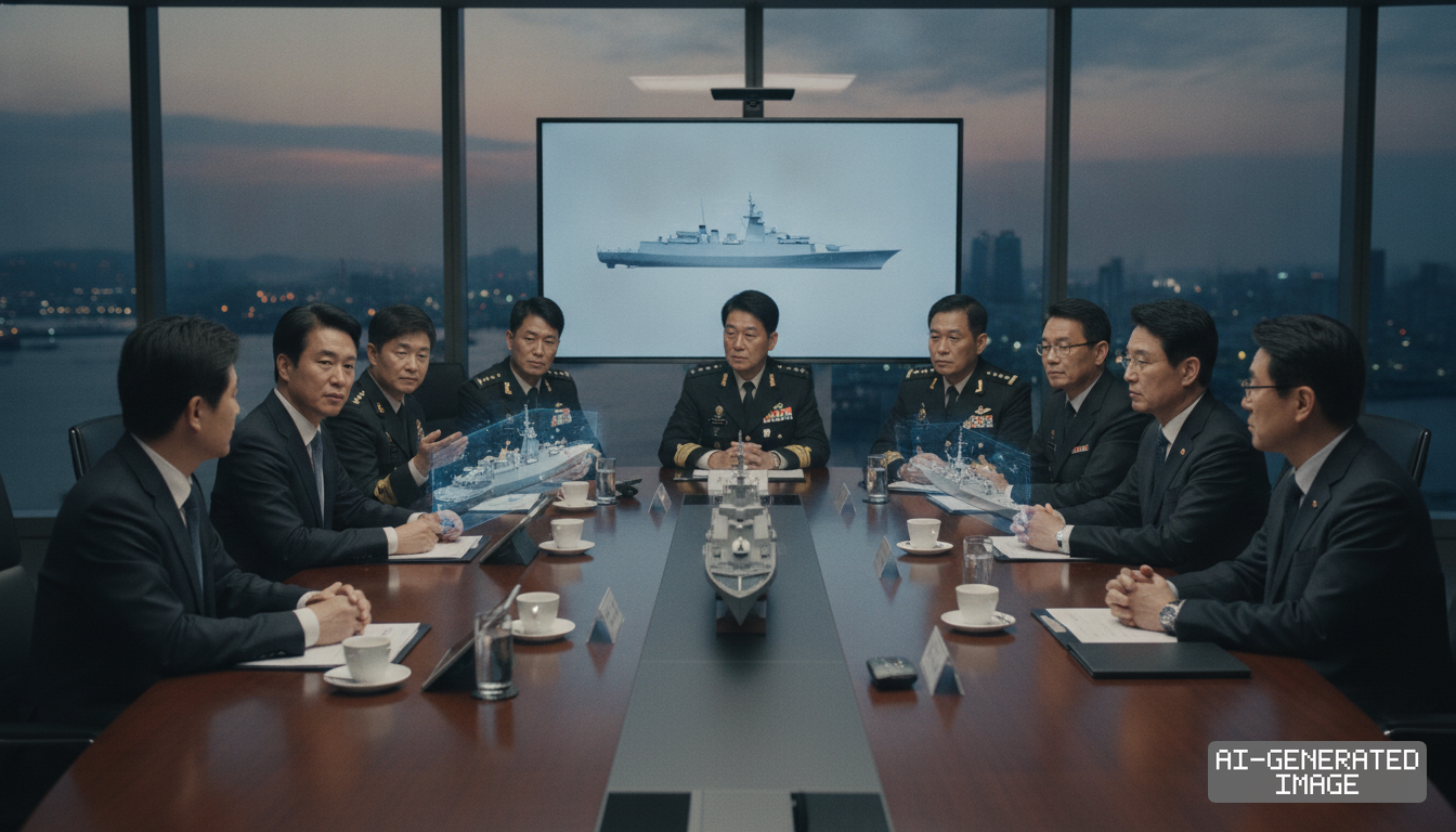 Defense officials and naval officers review warship models and digital vessel schematics around a conference room table. (AI-generated image)