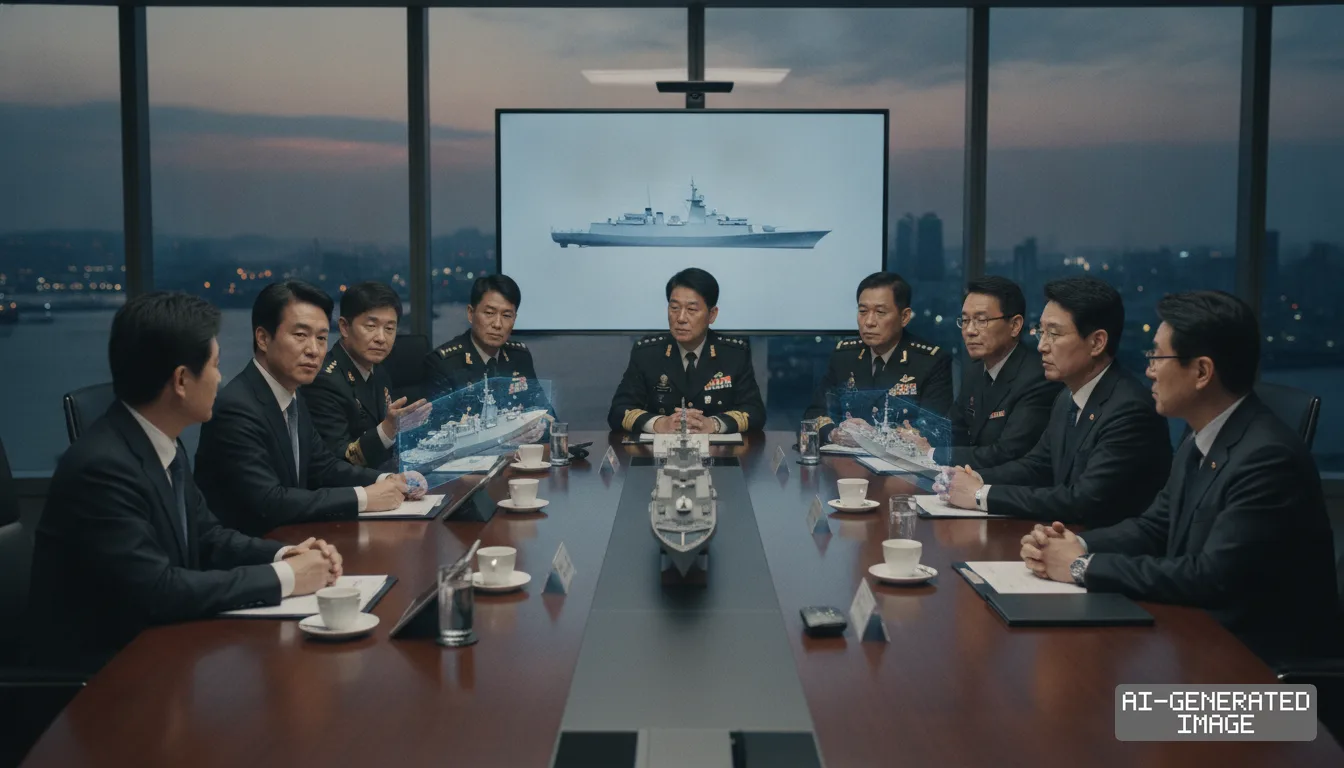 Defense officials and naval officers review warship models and digital vessel schematics around a conference room table. (AI-generated image)