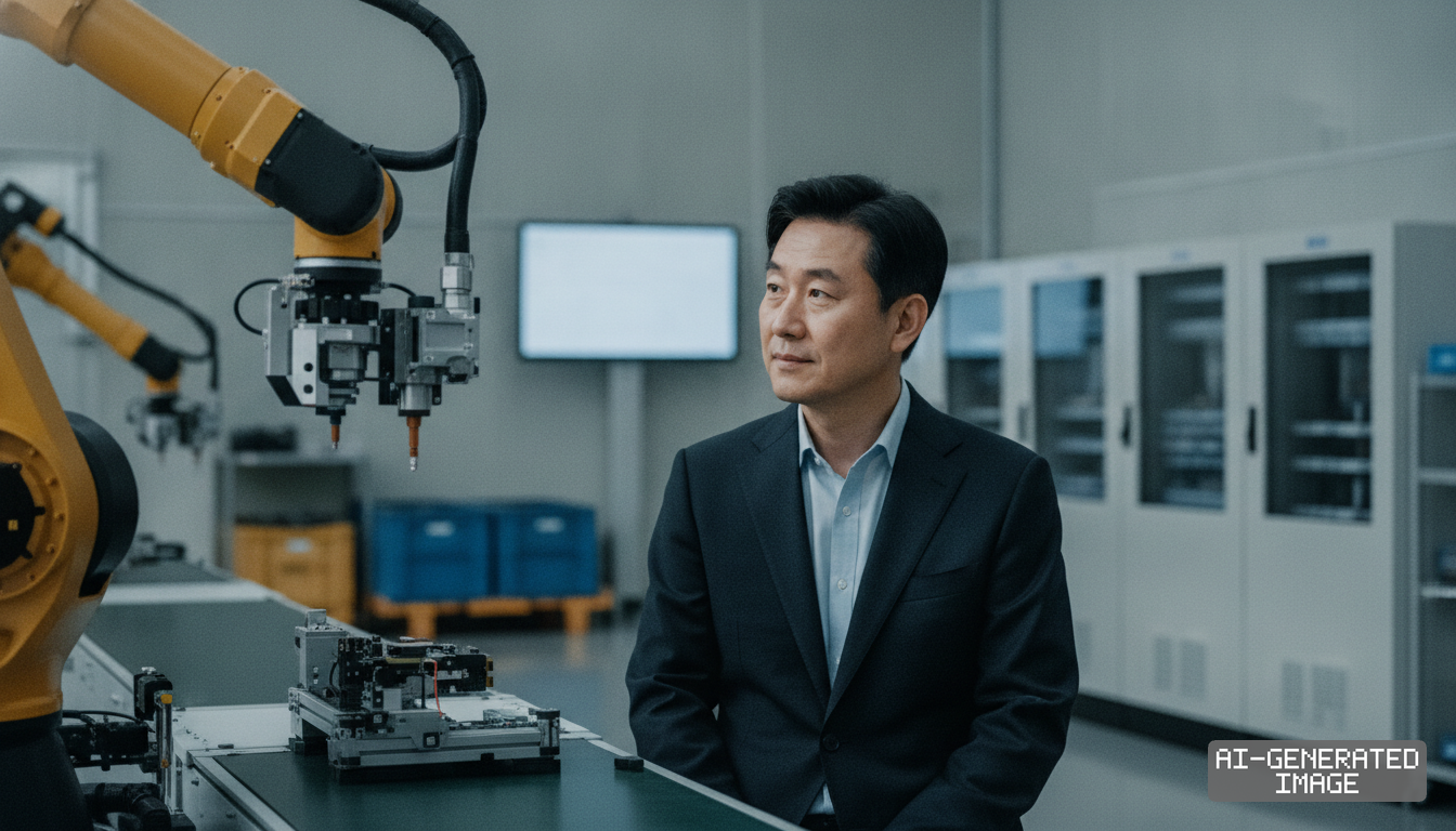 A man in a suit sits beside an industrial robotic arm positioned over an automated assembly line in a manufacturing facility. (AI-generated image)