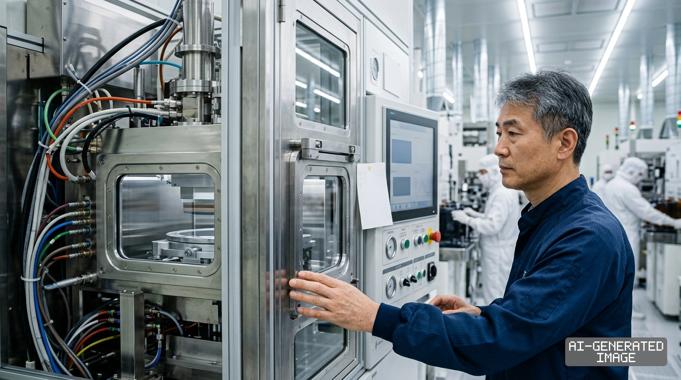 An engineer inspects semiconductor processing equipment inside a cleanroom facility during advanced memory chip fabrication. (AI-generated image)