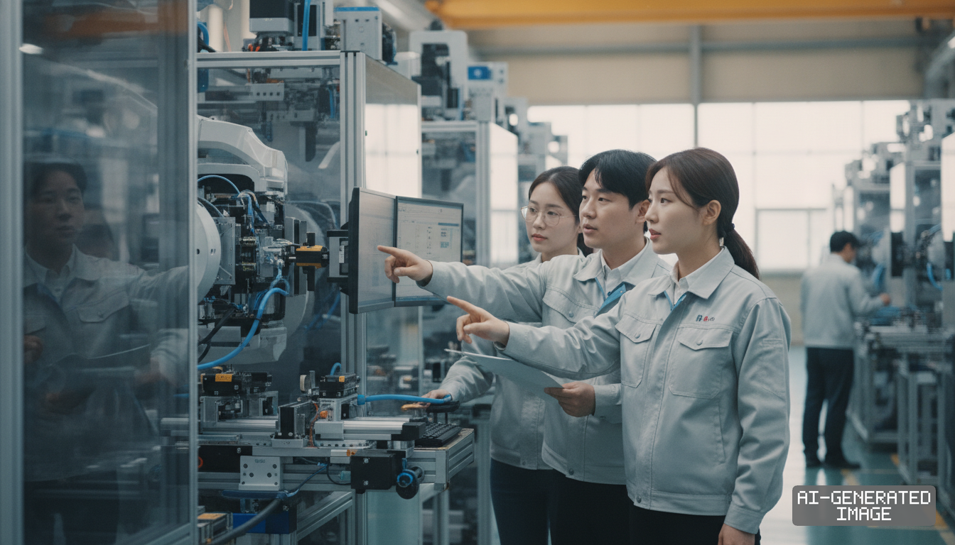 Engineers review digital control screens and inspect automated machinery inside an industrial manufacturing facility. (AI-generated image)