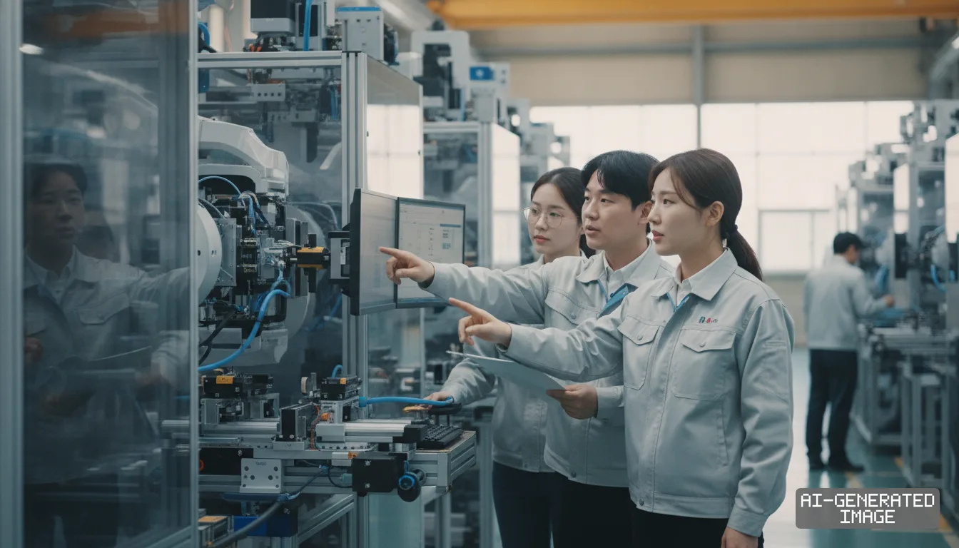 Engineers review digital control screens and inspect automated machinery inside an industrial manufacturing facility. (AI-generated image)