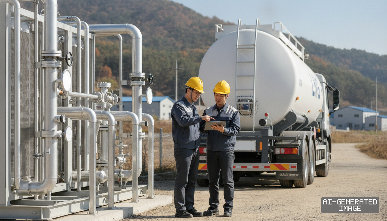 Two technicians review data on a tablet beside an LNG tanker truck and satellite regasification piping at a regional facility. (AI-generated image)