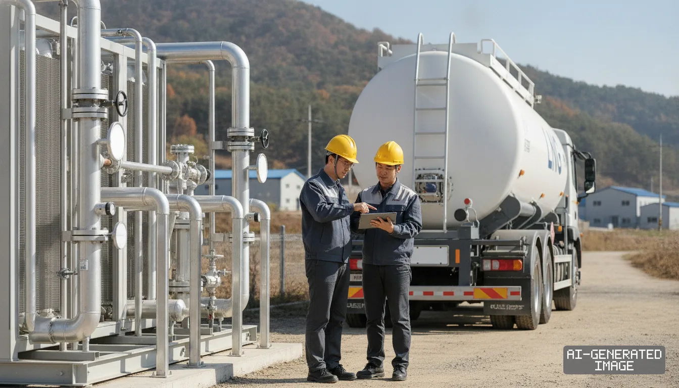 Two technicians review data on a tablet beside an LNG tanker truck and satellite regasification piping at a regional facility. (AI-generated image)