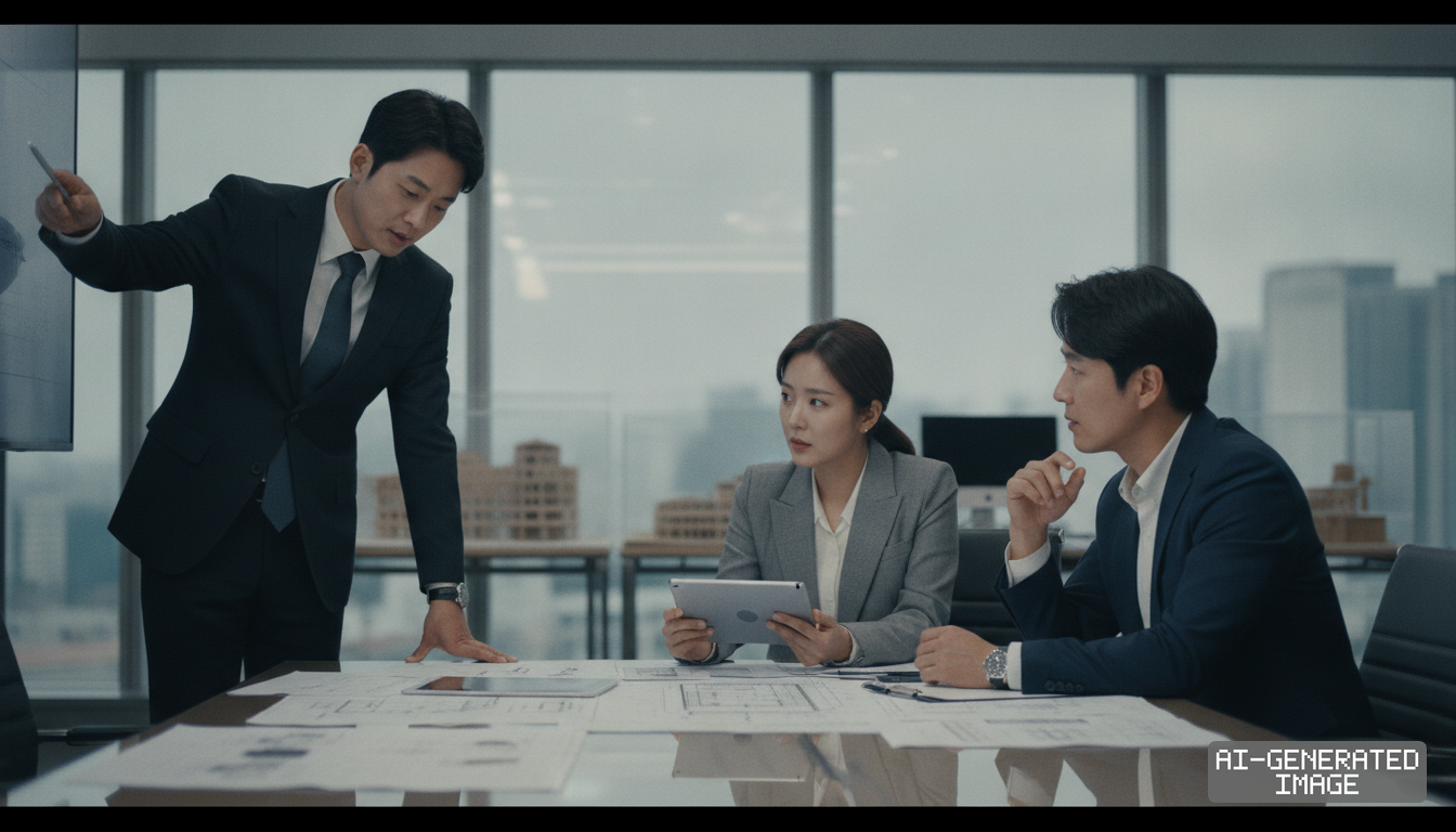 Industry professionals review technical schematics and digital data during a semiconductor development meeting in a boardroom. (AI-generated image)
