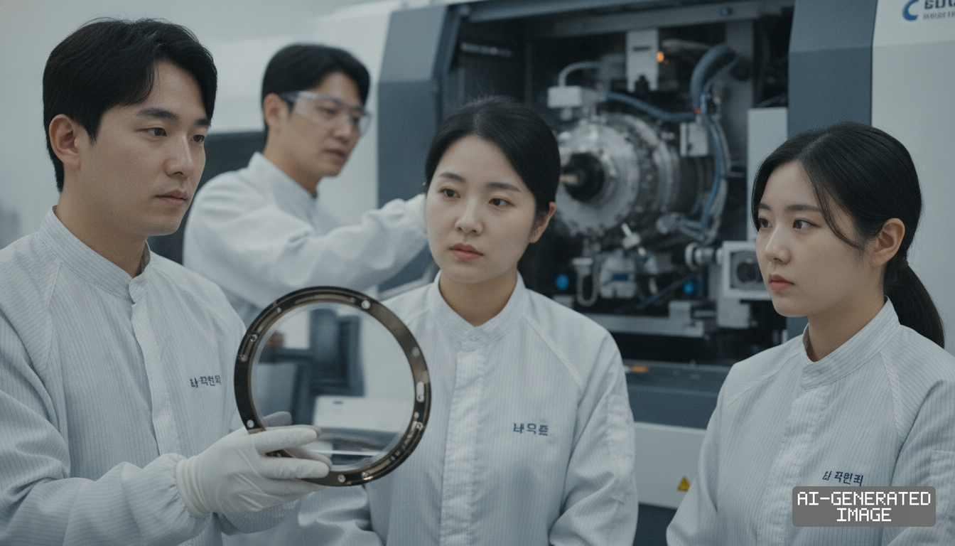 Technicians in cleanroom apparel examine an optical component beside machinery in a semiconductor manufacturing facility. (AI-generated image)