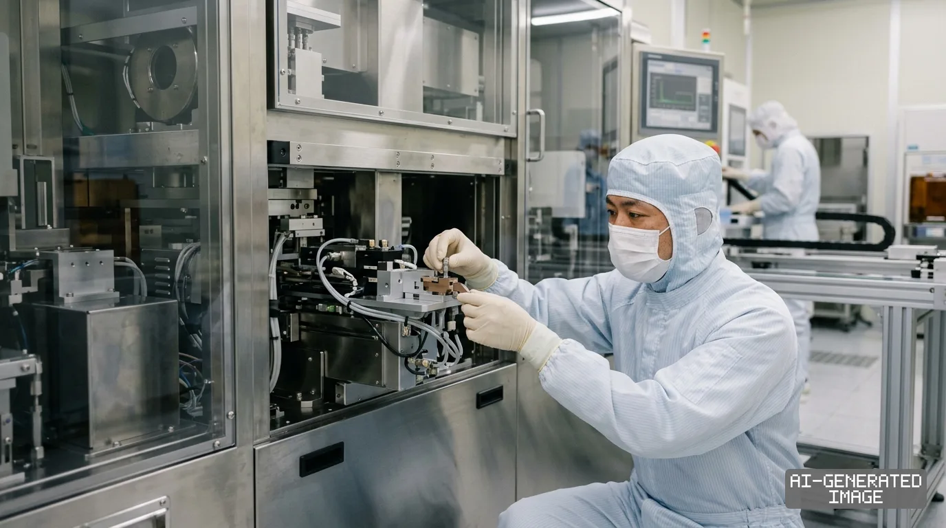 A technician wearing a cleanroom suit works on semiconductor manufacturing machinery inside a fabrication facility. (AI-generated image)