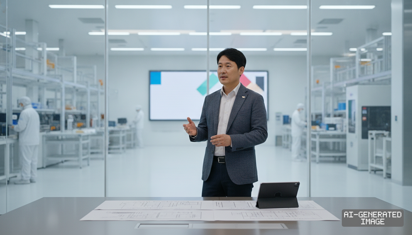 A man in business attire stands with technical blueprints and a tablet in front of a semiconductor fabrication cleanroom. (AI-generated image)
